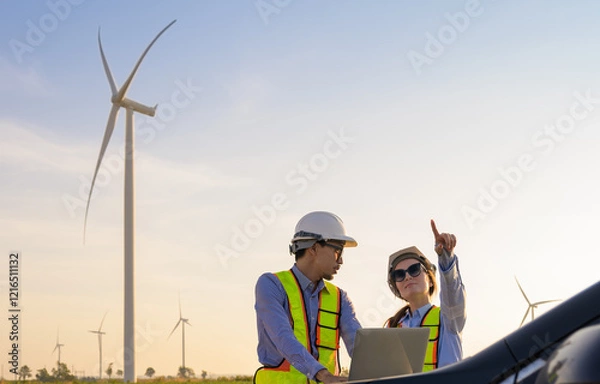 Fototapeta Two engineers wearing safety vests and helmets discuss wind turbine operations while standing next to car in a renewable energy field. Japanese male working on laptop 