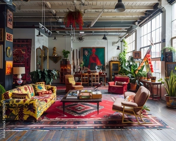 Fototapeta Illustration of A cluttercore-inspired trendy loft, with an open floor plan filled with eclectic furniture, art installations, and an abundance of cozy, colorful textiles. Ai Generate.

