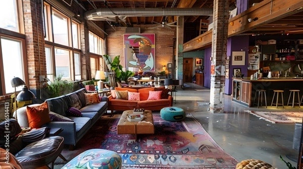 Obraz Illustration of A cluttercore-inspired trendy loft, with an open floor plan filled with eclectic furniture, art installations, and an abundance of cozy, colorful textiles. Ai Generate.
