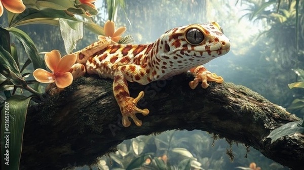Fototapeta A vibrant gecko perched on a textured tree trunk, surrounded by lush green foliage.