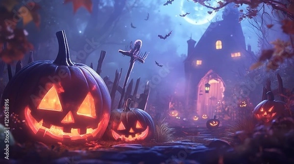 Fototapeta Illuminated Jack-O'-Lanterns on a Foggy Halloween Night with a Haunted House in the Background