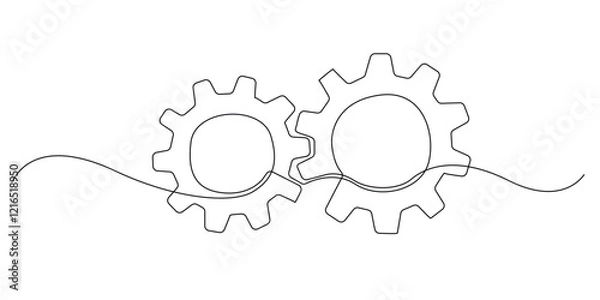 Fototapeta continuous line of interlocking gears.one line drawing of interlocking gears.single line vector illustration for industrial and technology signs.isolated white background