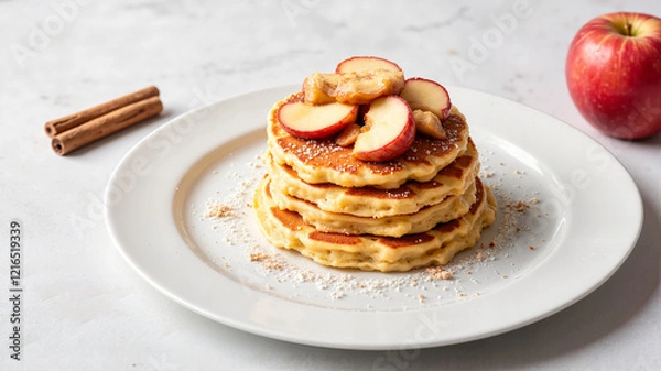 Fototapeta Stacked pancakes with apple slices and cinnamon on a white plate