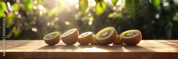 Obraz A wooden board with several kiwi fruits cut in half, with sunlight shining on them, plants on background