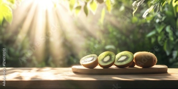 Obraz A wooden board with several kiwi fruits cut in half, with sunlight shining on them, plants on background