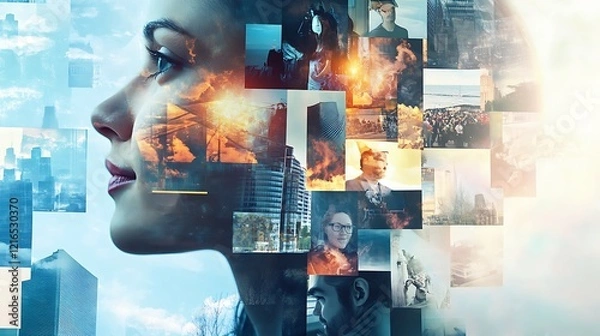 Obraz Collage of Cityscapes and Faces Merged into a Woman's Profile