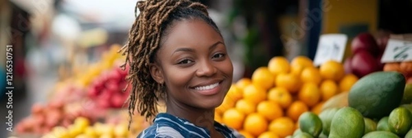 Fototapeta a smiling black woman in front of colorful fruits at a market