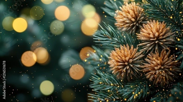 Fototapeta Festive evergreen branches with pinecones and twinkling lights in soft focus
