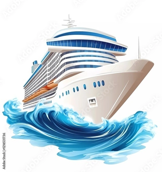 Obraz A vector illustration of a cruise ship with blue water waves, isolated on a white background. The image is detailed and realistic.