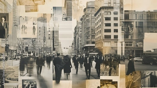 Obraz A Collage of City Street Scenes with Blurred Figures and Building Facades