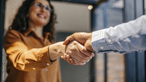 Fototapeta Handshake between hiring manager and candidate in office setting, conveying professionalism and opportunity