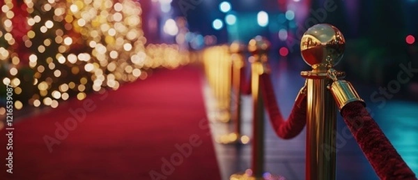 Obraz red carpet event with gold stanchions and velvet ropes, blurred christmas lights in background