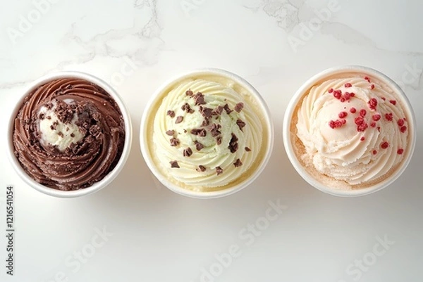 Obraz Rich flavors of ice cream in three cups, showcasing unique toppi
