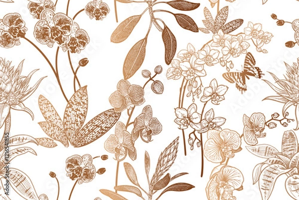 Fototapeta Gold orchids garden. Seamless flower Vintage pattern. Vector