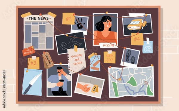 Obraz Evidence board. Private detective is investigating case, police tools, inspector workplace, pinned suspect photos, vector illustration