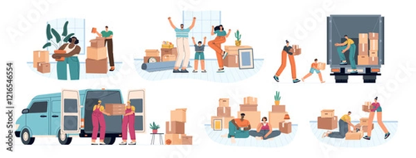 Obraz Families are moving. People collect things in boxes, ship them, cargo transport, cartoon movers move furniture, housing change, vector set
