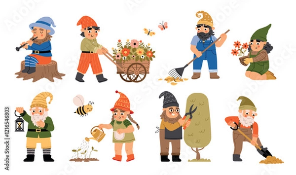 Obraz Funny garden gnomes. Cute little plants guardians, people in dwarf hats, cartoon characters cut, water trees and digging ground, vector set