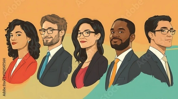 Obraz Five Diverse Individuals in Professional Attire Looking Forward