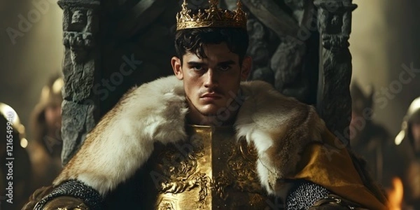Fototapeta Young prince in ornate dress sitting on stone throne with crown and fur, evoking medieval royalty and power