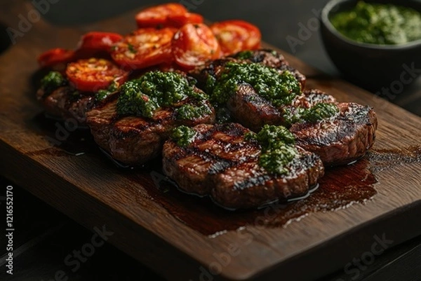 Obraz Juicy grilled steaks garnished with fresh herbs, served with roa