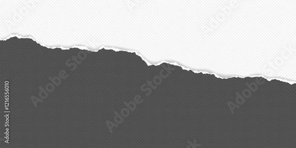 Fototapeta Dark grey and white piece of paper with torn edge and soft shadow are on white background for text or ad.
