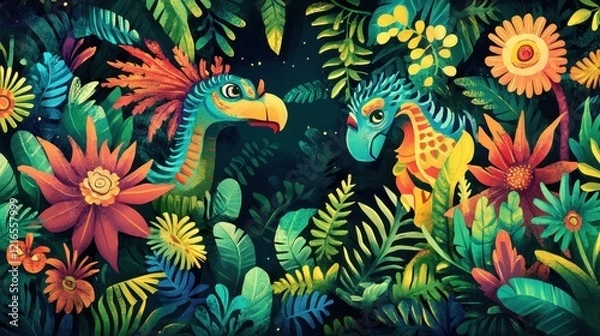 Fototapeta Two Colorful Mythical Birds Amidst Lush Tropical Flora