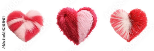 Fototapeta Three fluffy, heart-shaped decorations in varying designs, featuring shades of red and pink, perfect for expressing love and affection.