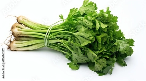 Fototapeta Freshly harvested cilantro bunch with roots displayed on a clean background ready for culinary use