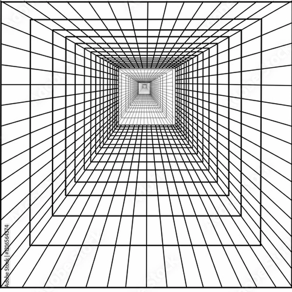 Obraz This is a pixel design illustrating the concept of entering an infinite loop, with a perspective drawing of an infinity room-like structure, creating an illusion of endless repetition and depth.