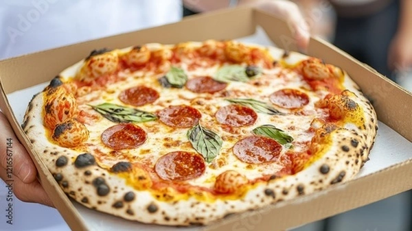 Fototapeta National pizza day celebration and festival idea. Delicious pepperoni pizza in a takeaway box.