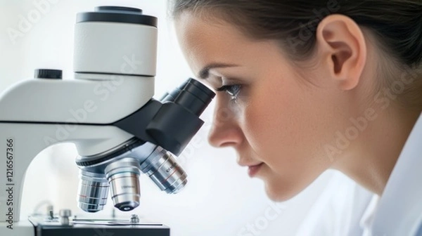 Fototapeta A close-up of a medical researcher examining a sample under a microscope, with a clean, white backdrop