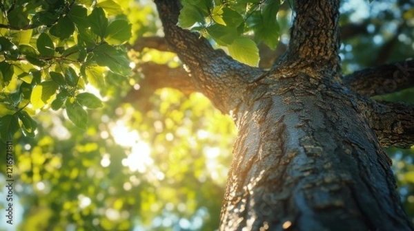 Fototapeta Beautiful longevity large camphor tree (Cinnamomum camphora) common camphor wood or camphor laurel with evergreen leaves in Sochi