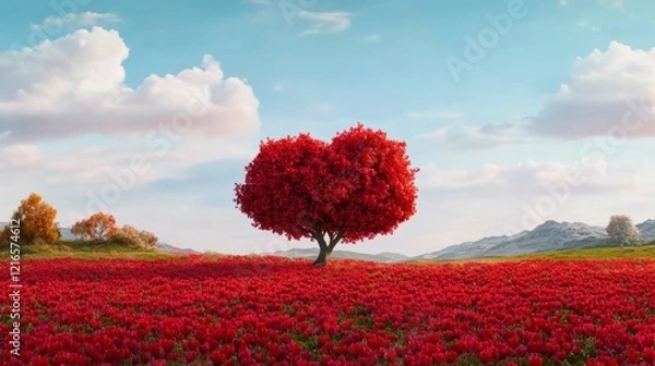 Fototapeta Vibrant Red Tree Surrounded by Blooming Red Flowers Under a Clear Blue Sky
