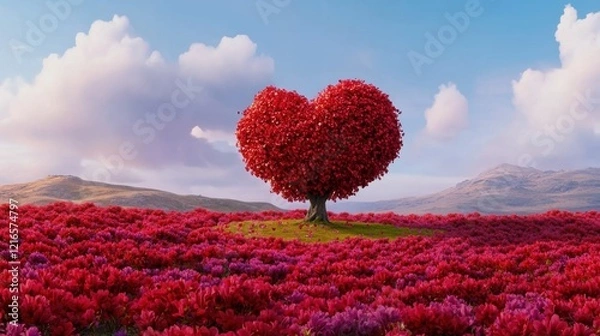 Obraz Vibrant Heart-Shaped Tree Amidst Colorful Flower Field Under Blue Sky