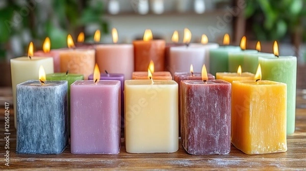 Obraz Colorful Square Candles on Wooden Surface with Cozy Flames