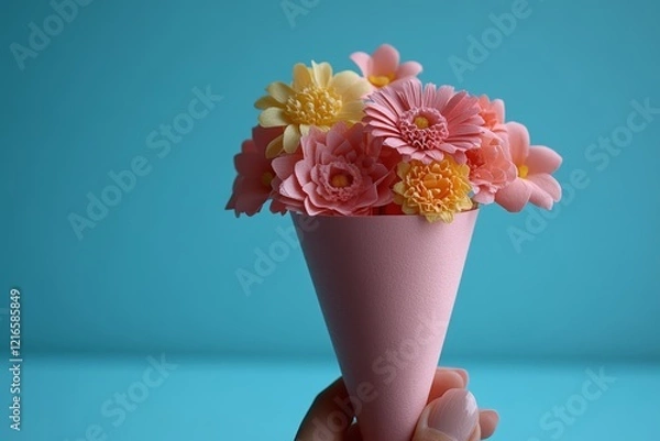 Fototapeta A hand holding a pink paper cone with flowers inside, on a solid background