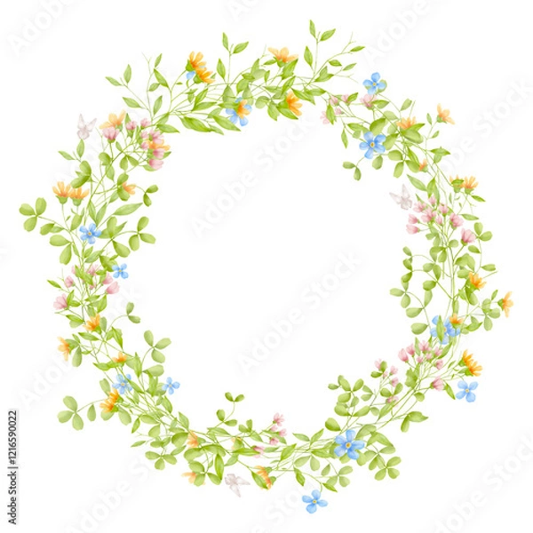 Fototapeta Wreath of spring delicate flowers and green leaves. Watercolor digital illustration. Round floral frame of bouquets and twigs isolated on white background. For cards, invitations and holidays