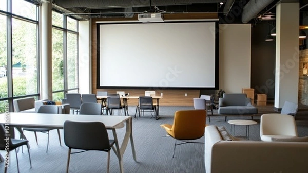 Fototapeta Modern Meeting Room with Large Screen Projector and Comfortable Seating