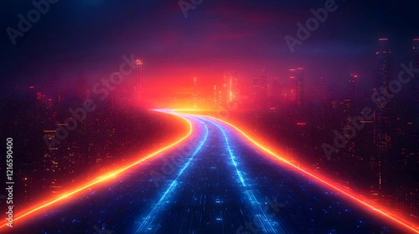 Fototapeta Glowing Neon Road Leading to Futuristic City at Night
