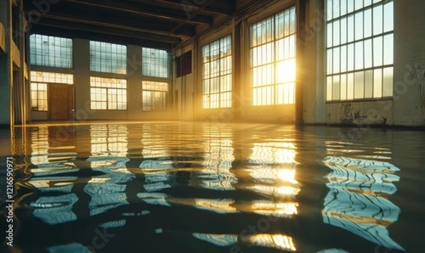 Fototapeta large, flooded industrial space with sunlight streaming through windows, creating warm, reflective surface on water. scene evokes sense of urgency for restoration and cleanup