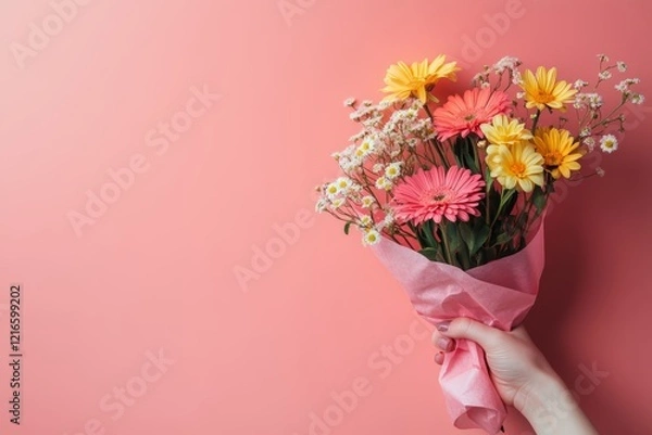 Fototapeta A hand holding a pink paper cone with flowers inside, on a solid background