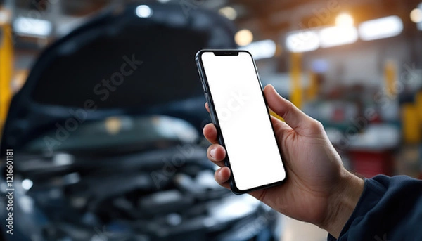 Fototapeta Mock up smartphone for automobile online service mobile application. Mockup blank white screen mobile phone with finger point and touch on touchsreen in Auto repair shop.
