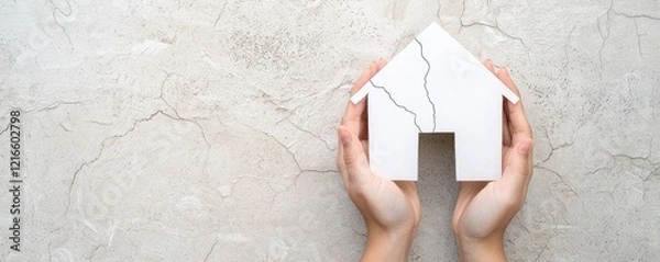 Obraz Household debt mortgage concept. A pair of hands holds a cracked model house, symbolizing issues related to housing, damage, and care.