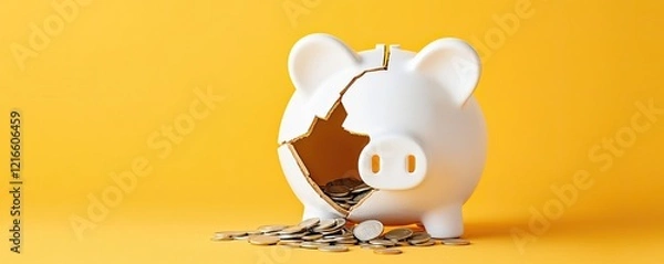 Obraz A broken piggy bank spills coins on a bright yellow background, symbolizing savings, financial struggles, or unexpected expenses.