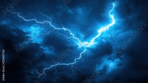 Fototapeta dramatic lightning storm in a dark blue sky
