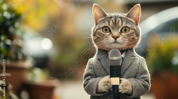 Obraz A cat wearing a tailored suit stands outdoors, holding a microphone and looking directly at the viewer. The background features blurred plants and soft colors, hinting at a sunny day.