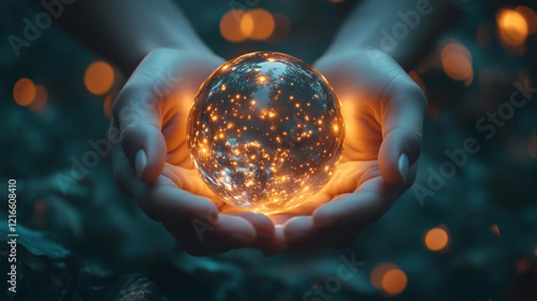 Fototapeta Two hands gently cradle a glowing crystal ball filled with shimmering light. The setting is a tranquil forest during twilight, enhancing the magical ambiance.