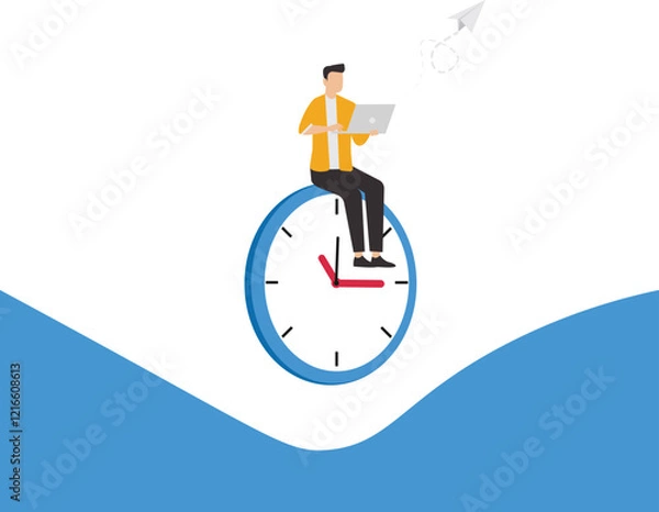 Fototapeta Part-time job, side job or small business, additional work outside working hours, division or tome management, work tracking system or day planning, businessman working using laptop over hours cut