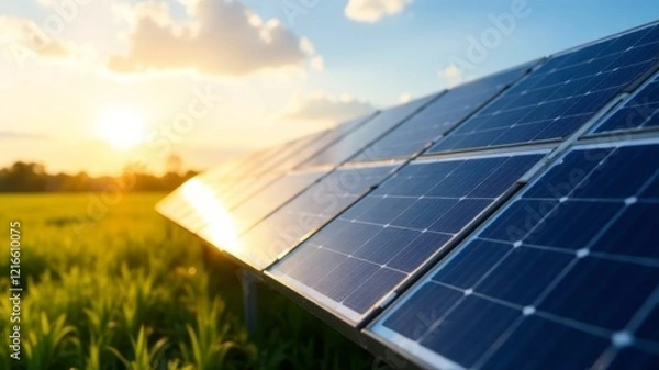 Obraz solar panel in green field at sunset.