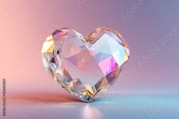 Fototapeta This captivating abstract heart features interlocking diamond-like facets that reflect vibrant rainbow colors on a dark gradient background